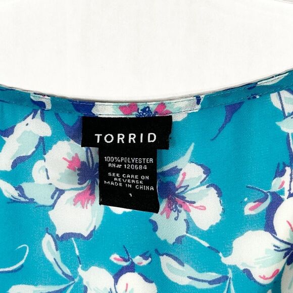Torrid Plus Size 2X Top Floral Print Georgette Blue Chiffon Pintucked 1433 - Picture 10 of 11